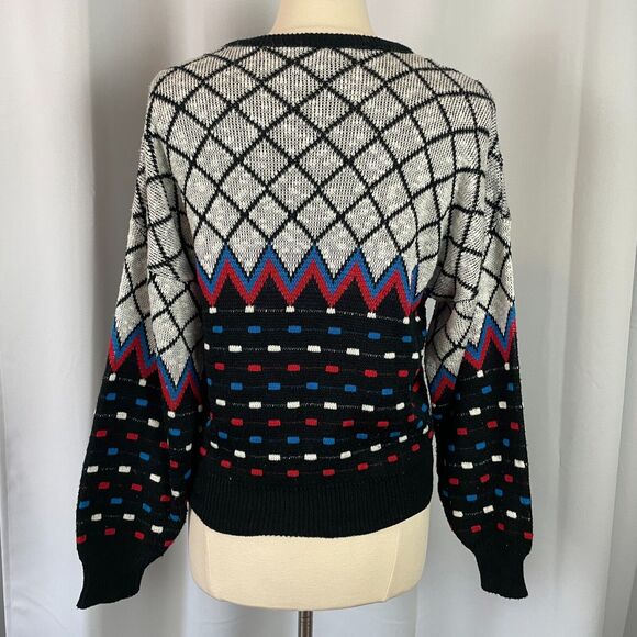 Vintage Sweater Size Petite Medium MP Black White Knit Retro Print 80s Pullover - Picture 7 of 15